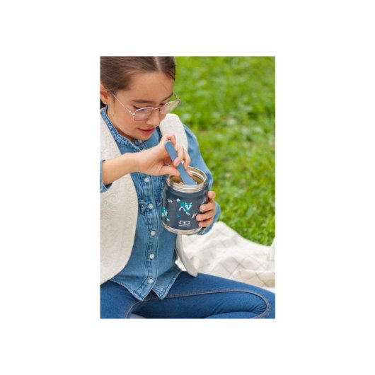Monbento Handy Wolf Fiambrera Térmica 2 Compartimentos 350 Ml + 150 Ml, Para Niño, Asas Ergonómica Y Cierre Hermético, Diseño Lobo Y Naturaleza, Azul