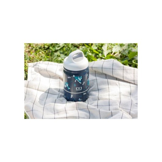 Monbento Handy Wolf Fiambrera Térmica 2 Compartimentos 350 Ml + 150 Ml, Para Niño, Asas Ergonómica Y Cierre Hermético, Diseño Lobo Y Naturaleza, Azul