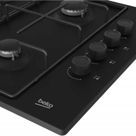 Beko Higg64123sb Placa De Gas Empotrable 60 Cm, 4 Fuegos, Encendido Integrado, Mandos Laterales Y Seguridad Termopar, Color Negro