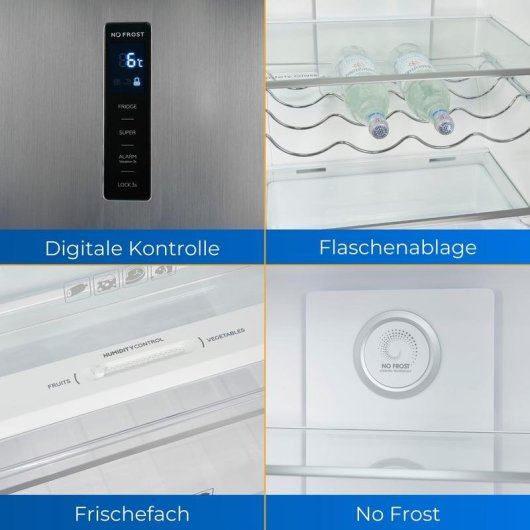 Frigorífico una puerta Exquisit KS360-V-HE-040D No Frost 185 cm D 359 L Inoxlook alarma de puerta
