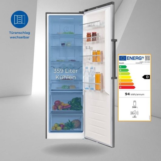 Frigorífico una puerta Exquisit KS360-V-HE-040D No Frost 185 cm D 359 L Inoxlook alarma de puerta