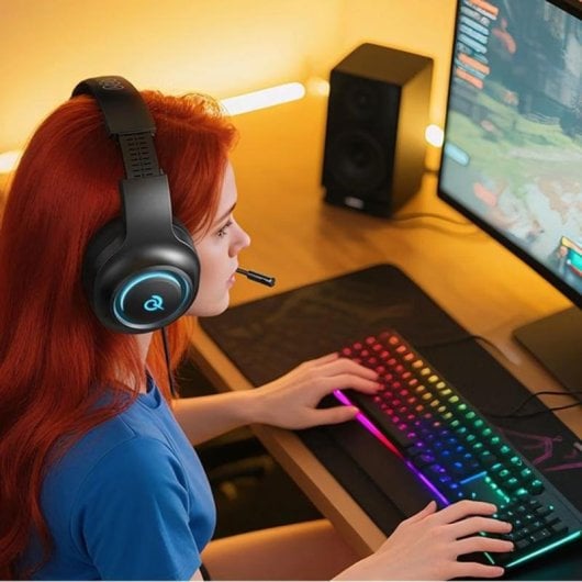 Auriculares QCY V200 Pro con cable USB-A, sonido 7.1 virtual, micrófono y RGB, negros