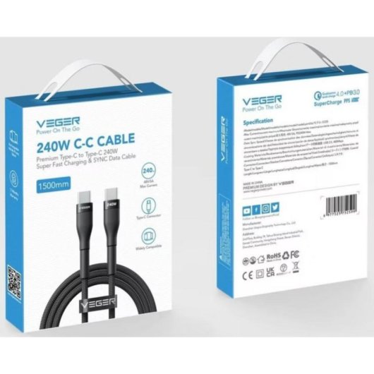 Câble Veger USB-C à USB-C 240W PD 1.5m Noir