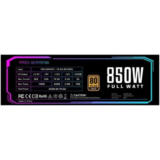 Fuente de Alimentación ProGaming 850W Certificación 80 PLUS Gold PFC Activo Ventilador 140mm