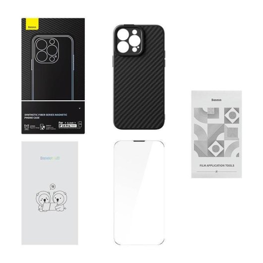 Custodia Baseus Synthetic Fiber Series TPU nera per iPhone 14 Pro con vetro temperato