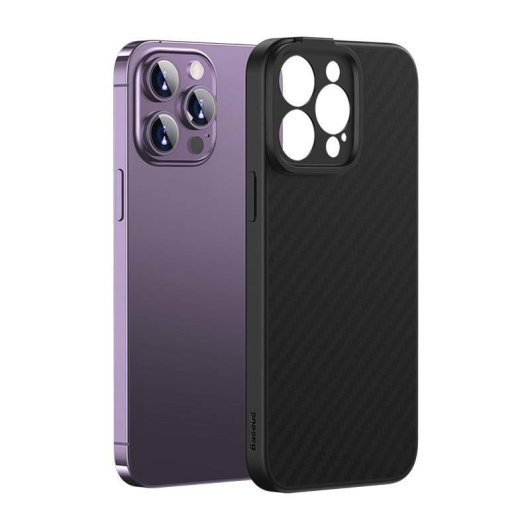 Custodia Baseus Synthetic Fiber Series TPU nera per iPhone 14 Pro con vetro temperato