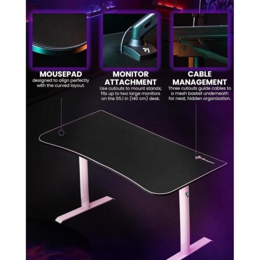 Mesa gaming Arozzi Arena Medium 140x75,5 cm acero y alfombrilla rosa