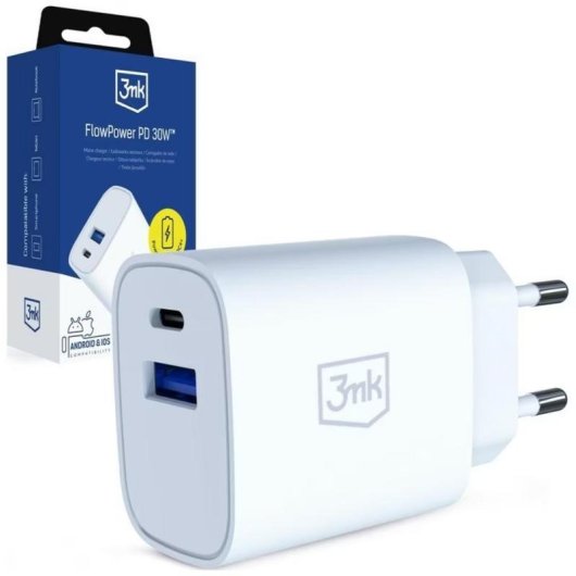 USB-Ladegerät 3MK FlowPower 30W GaN PD 3.0 QC4+ 2 Ports