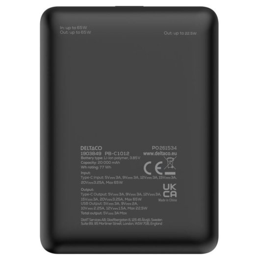 Powerbank Deltaco PB-C1012 20000 mAh 65W USB-C Schwarz