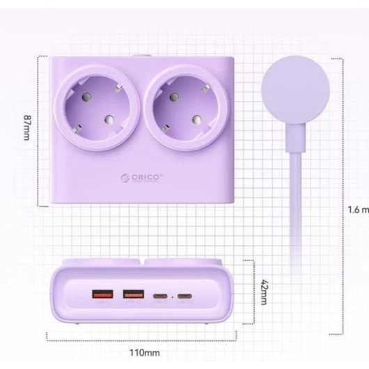 Régua de tomadas Orico PDC25 6 tomadas 2 USB-A 2 USB-C com GaN e proteção