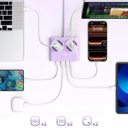 Régua de tomadas Orico PDC25 6 tomadas 2 USB-A 2 USB-C com GaN e proteção