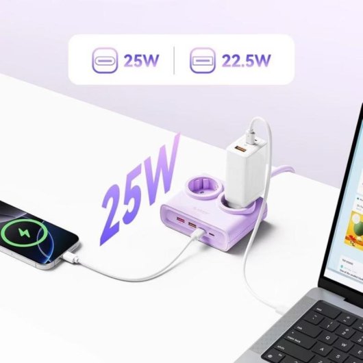Régua de tomadas Orico PDC25 6 tomadas 2 USB-A 2 USB-C com GaN e proteção