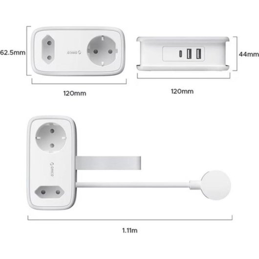 Régua Orico 6 Tomadas USB-A USB-C com Proteção e Design Dobrável