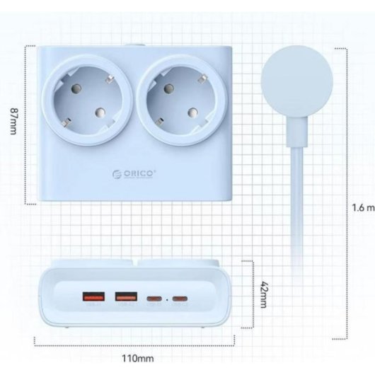 Régua Orico PDC25 6 Tomadas USB-A USB-C 25W GaN Compacta Azul