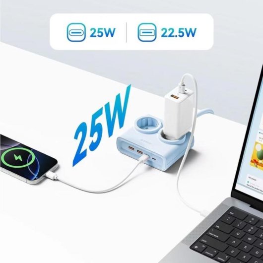 Régua Orico PDC25 6 Tomadas USB-A USB-C 25W GaN Compacta Azul
