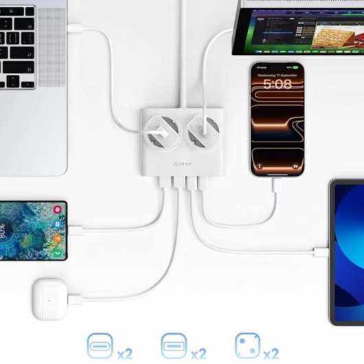 Régua de tomadas Orico PDC25 6 tomadas 2 USB-A 2 USB-C carga rápida 25W