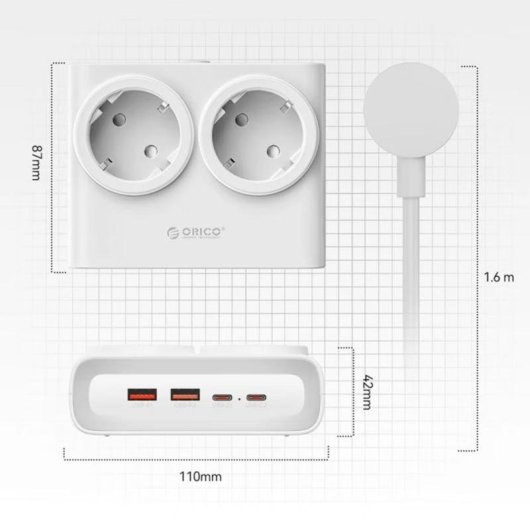 Régua de tomadas Orico PDC25 6 tomadas 2 USB-A 2 USB-C carga rápida 25W