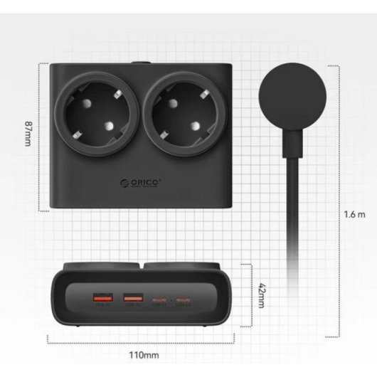 Régua de tomadas Orico PDC25 6 tomadas 2 Schuko 4 USB com proteção e GaN