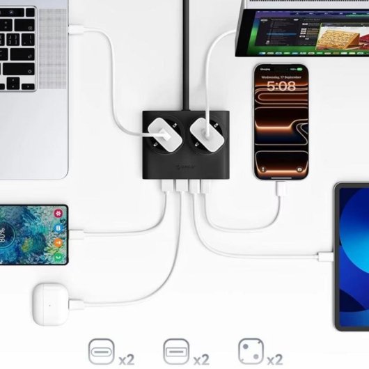 Régua de tomadas Orico PDC25 6 tomadas 2 Schuko 4 USB com proteção e GaN