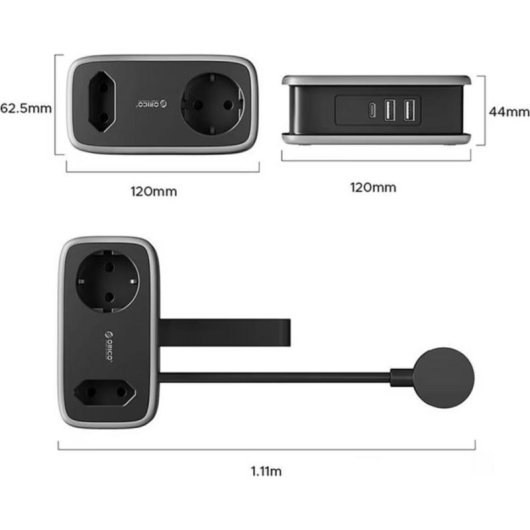 Régua Orico AP3 6 Tomadas USB-A USB-C 65W GaN com Proteção e Cabo Dobrável