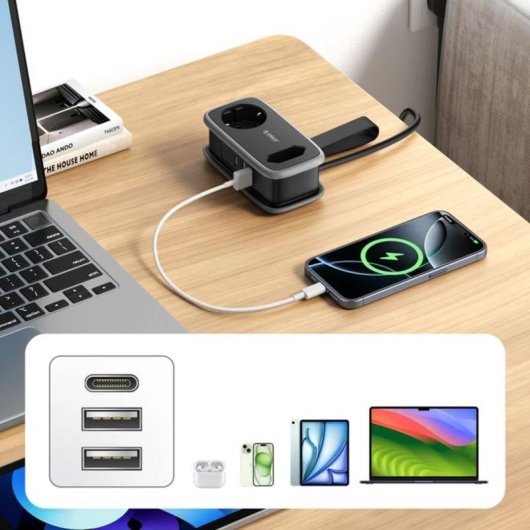 Régua Orico AP3 6 Tomadas USB-A USB-C 65W GaN com Proteção e Cabo Dobrável