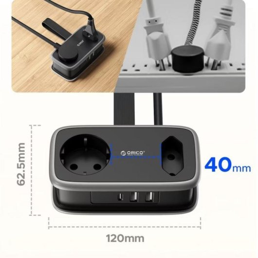 Régua Orico AP3 6 Tomadas USB-A USB-C 65W GaN com Proteção e Cabo Dobrável