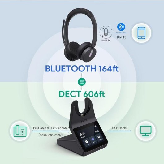 Casque Yealink WH64 Pro Dual sans fil Bluetooth avec réduction de bruit, micro et écran tactile noir