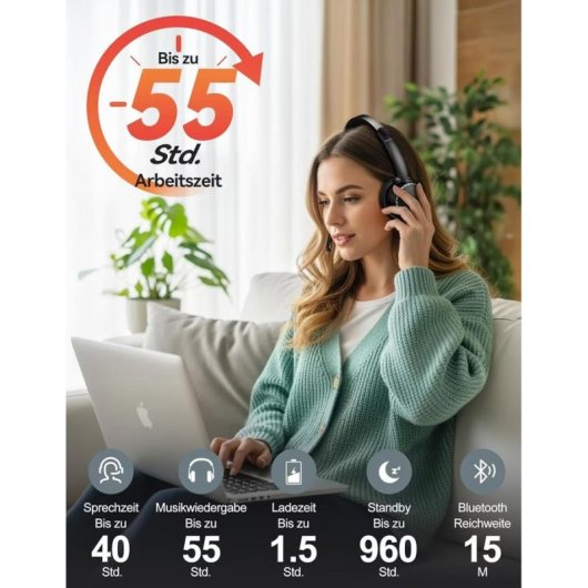 Auriculares Tecknet sans fil Bluetooth 5.3 avec réduction de bruit, micro et 55 h autonomie, noir