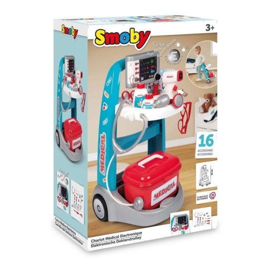 Carrito médico Smoby 7600340207 electrónico con luces, sonidos y 25 piezas
