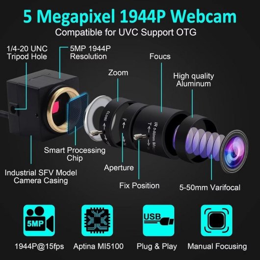 Webcam ELP Zoom 5-50 mm 5 MP USB 3 m Noir