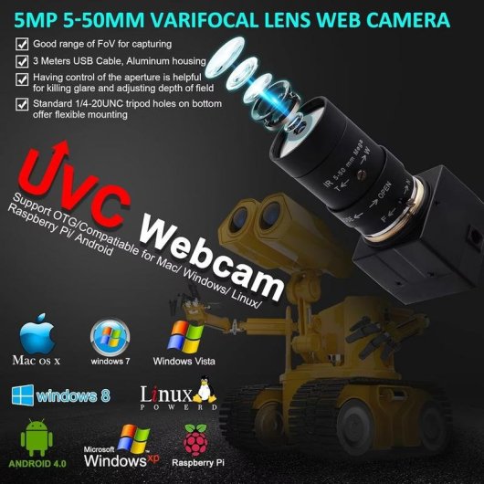 Webcam ELP Zoom 5-50 mm 5 MP USB 3 m Noir