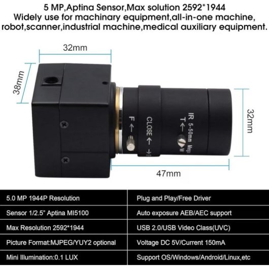Webcam ELP Zoom 5-50 mm 5 MP USB 3 m Noir