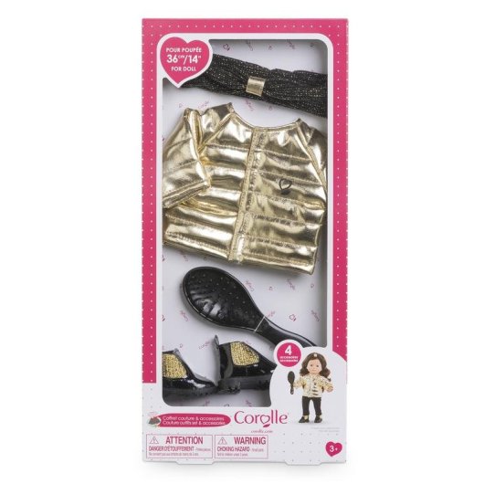 Ensemble Couture & Accessoires Ma Corolle 36 cm: Robe Puffer Dorée, Escarpins Noirs Pailletés