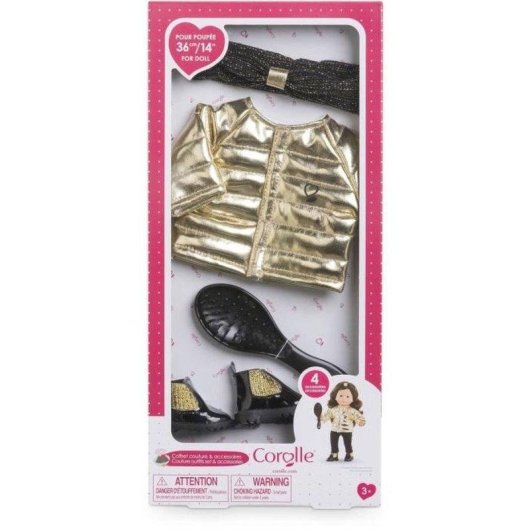 Ensemble Couture & Accessoires Ma Corolle 36 cm: Robe Puffer Dorée, Escarpins Noirs Pailletés