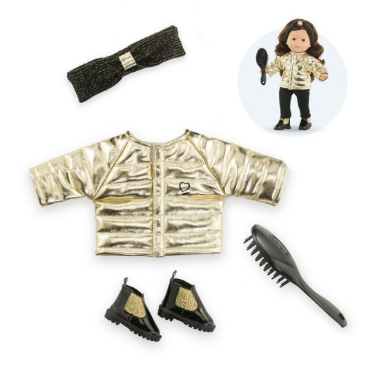 Ensemble Couture & Accessoires Ma Corolle 36 cm: Robe Puffer Dorée, Escarpins Noirs Pailletés