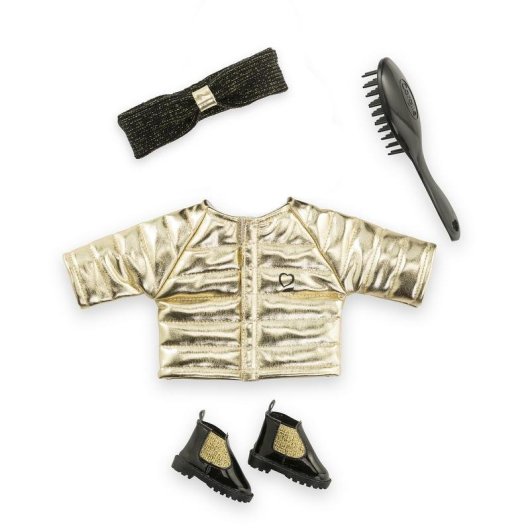 Ensemble Couture & Accessoires Ma Corolle 36 cm: Robe Puffer Dorée, Escarpins Noirs Pailletés