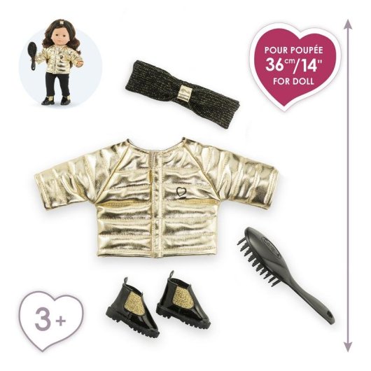 Ensemble Couture & Accessoires Ma Corolle 36 cm: Robe Puffer Dorée, Escarpins Noirs Pailletés