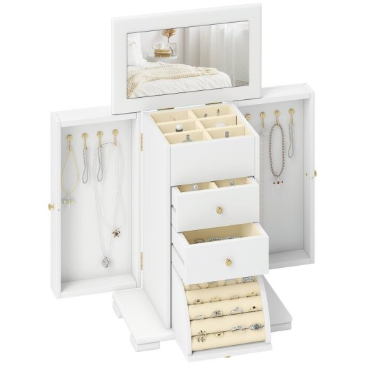 Homcom Caja Joyero De 4 Niveles Con 2 Cajones Espejo Puertas Laterales Blanco