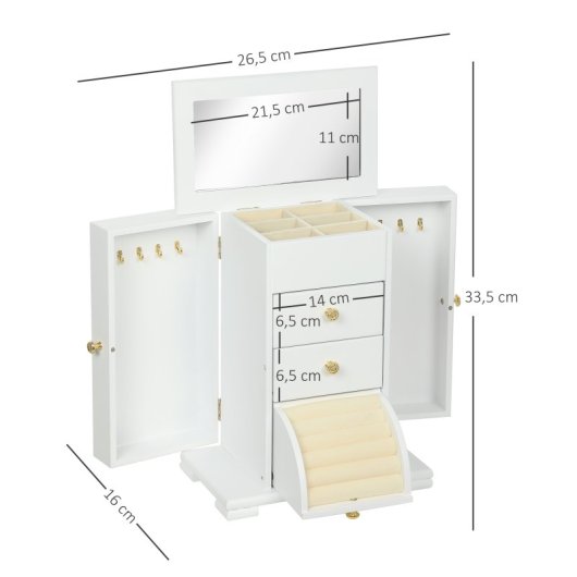 Homcom Caja Joyero De 4 Niveles Con 2 Cajones Espejo Puertas Laterales Blanco
