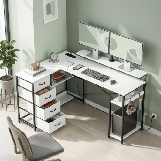 Homcom Escritorio Esquinero Reversible Con 4 Cajones De Tela Blanco