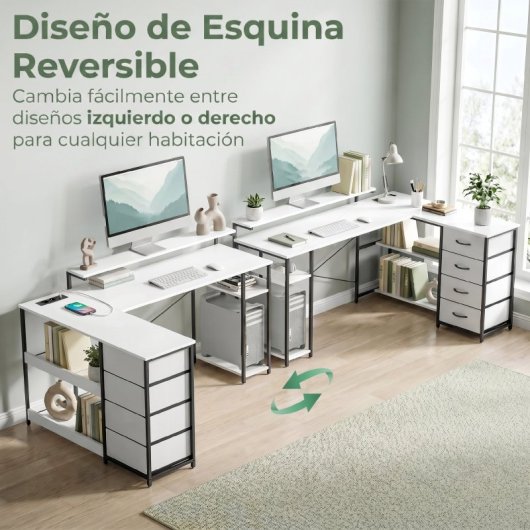Homcom Escritorio Esquinero Reversible Con 4 Cajones De Tela Blanco