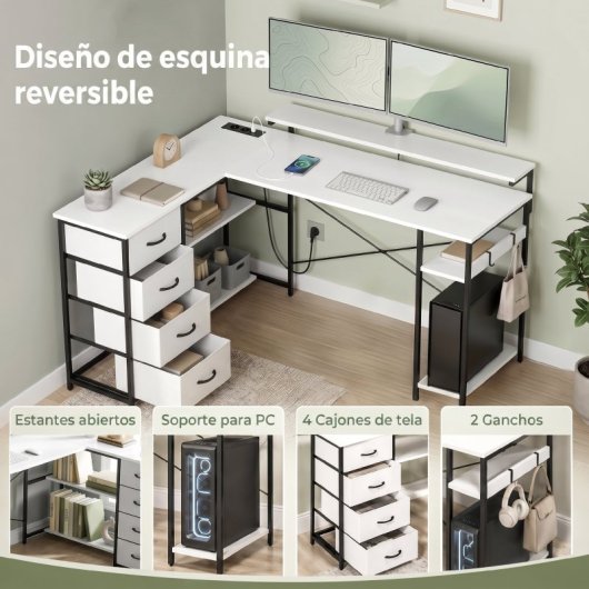 Homcom Escritorio Esquinero Reversible Con 4 Cajones De Tela Blanco