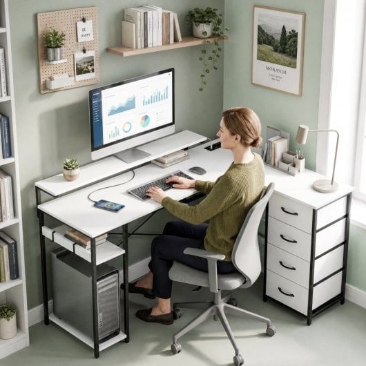 Homcom Escritorio Esquinero Reversible Con 4 Cajones De Tela Blanco