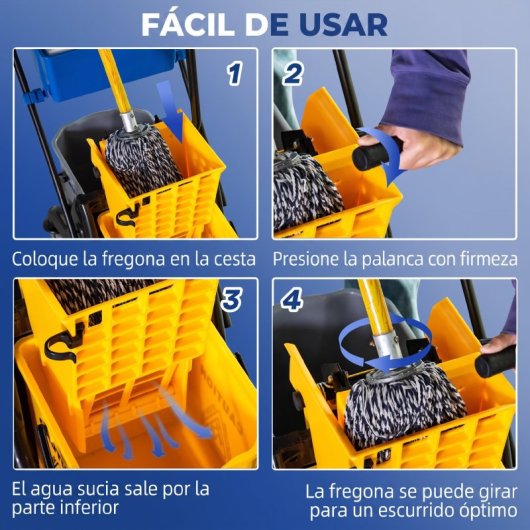 Homcom Cubo Para Fregona 26l Con Escurridor Doble Cubetas Ruedas Multicolor