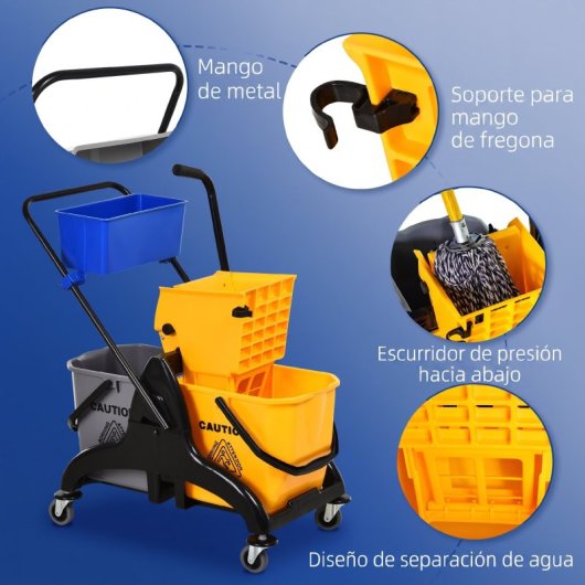 Homcom Cubo Para Fregona 26l Con Escurridor Doble Cubetas Ruedas Multicolor
