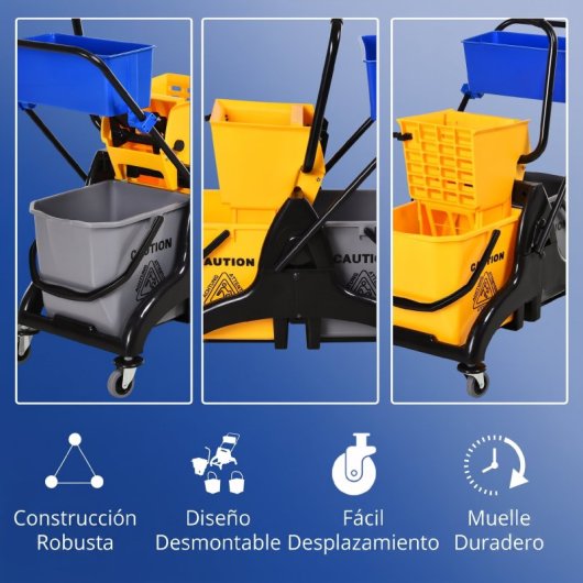Homcom Cubo Para Fregona 26l Con Escurridor Doble Cubetas Ruedas Multicolor