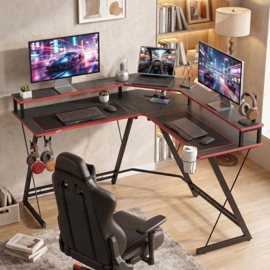 Homcom Escritorio Esquinero Con Enchufes Y Soporte Para Monitor 128x128 Cm Negro