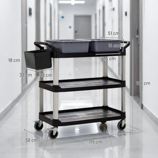 Homcom Carro De Limpieza Con Ruedas 3 Estantes 2 Contenedores Cubo Lateral Negro