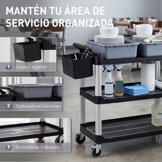 Homcom Carro De Limpieza Con Ruedas 3 Estantes 2 Contenedores Cubo Lateral Negro