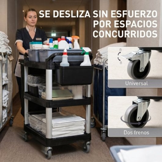 Homcom Carro De Limpieza Con Ruedas 3 Estantes 2 Contenedores Cubo Lateral Negro